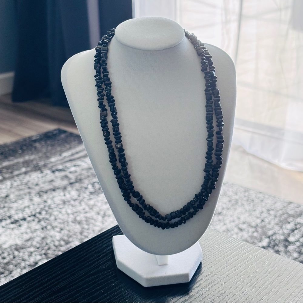 Black Stone Chip Necklace 60โ Long Layering Strand Boho Natural Jewelry